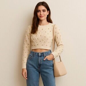 Urban Outfitters Cream Cropped Sweater with Gold Metallic Pom-Poms